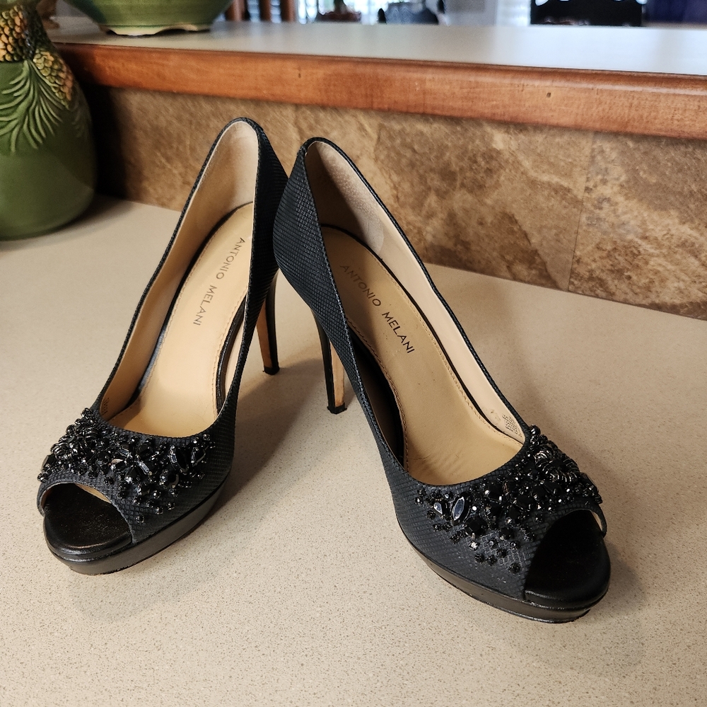 Antonio Melani Peep Toe High Heel Bejeweled Black Pump Size 8
